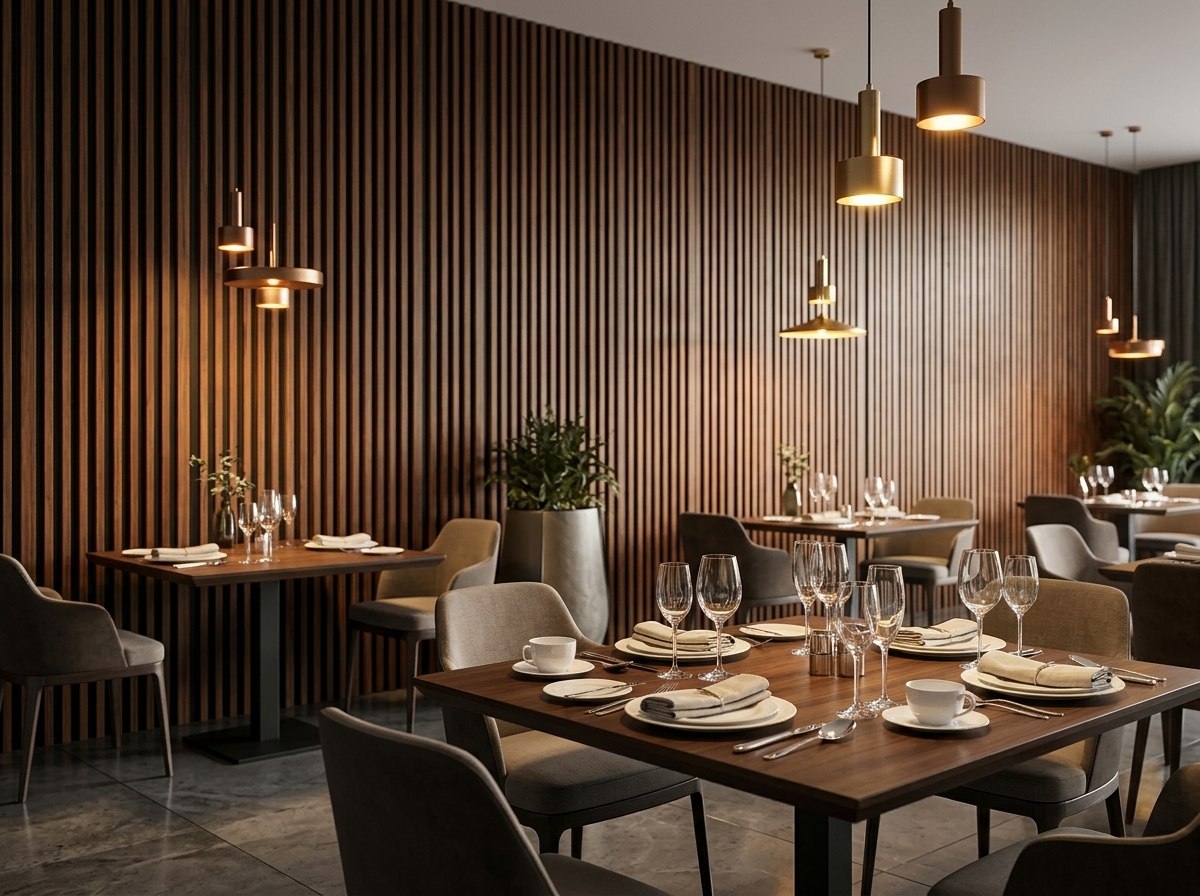 Panel ranurado WPC Bicolor Madera instalado — ejemplo de uso