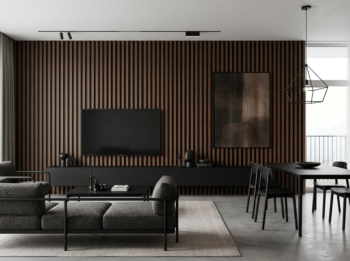 Panel ranurado WPC Bicolor Madera instalado — ejemplo de uso