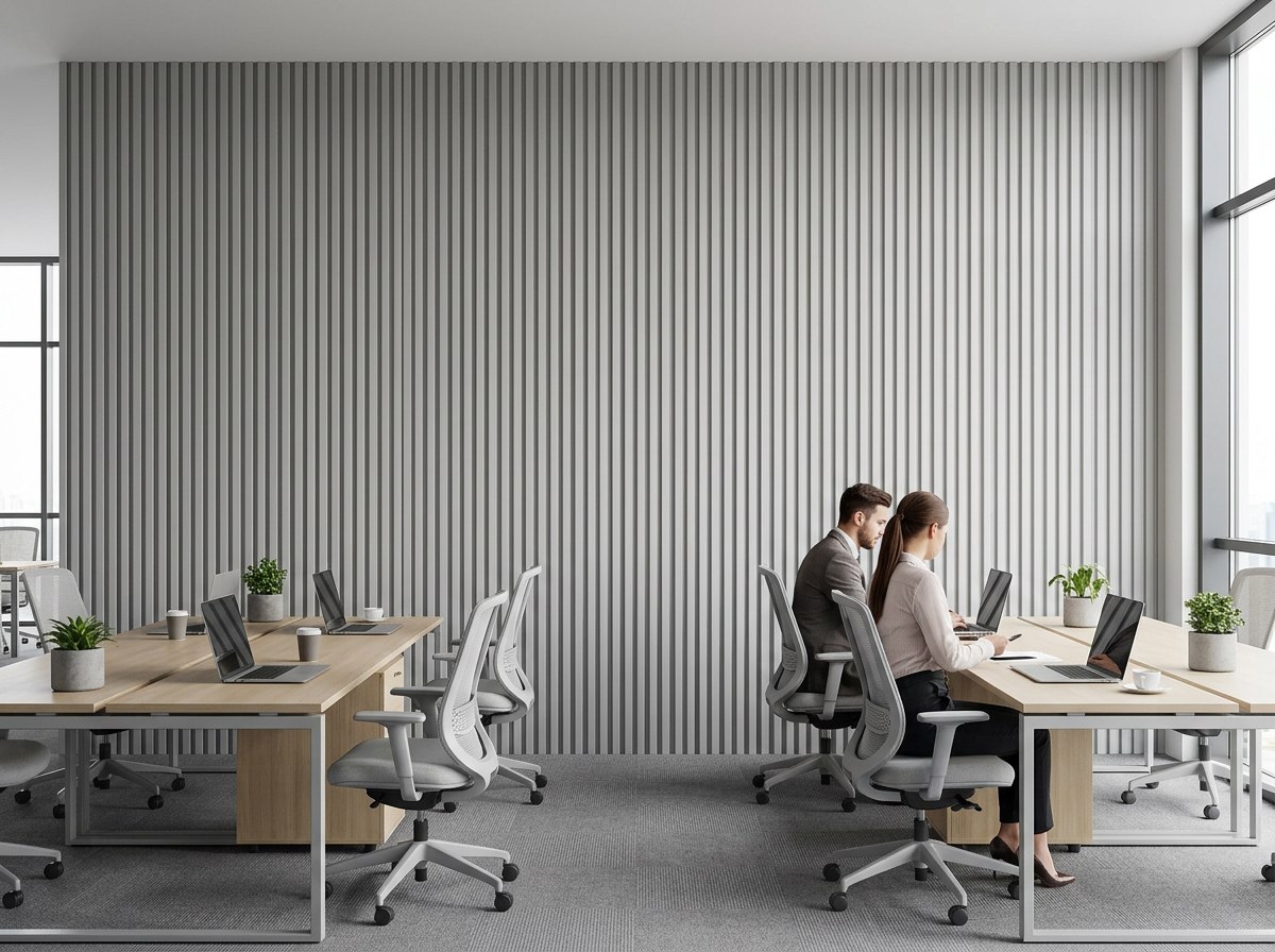 Panel ranurado WPC Gris Claro instalado — ejemplo de uso