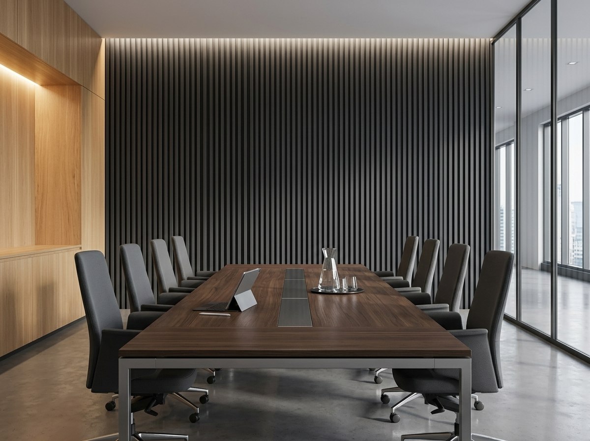 Panel ranurado WPC Gris Oscuro instalado — ejemplo de uso