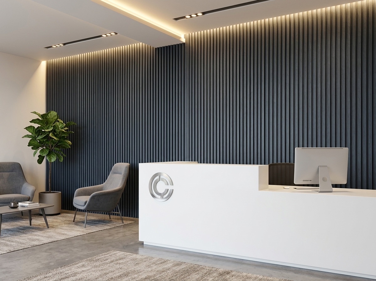 Panel ranurado WPC Gris Oscuro instalado — ejemplo de uso