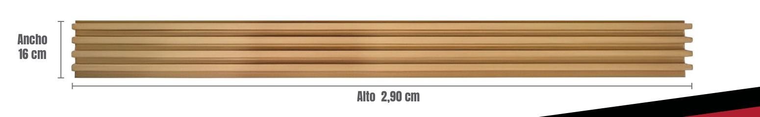 Medidas del panel ranurado WPC: 16cm de ancho por 2.90m de largo, con 4 canales para tiras LED