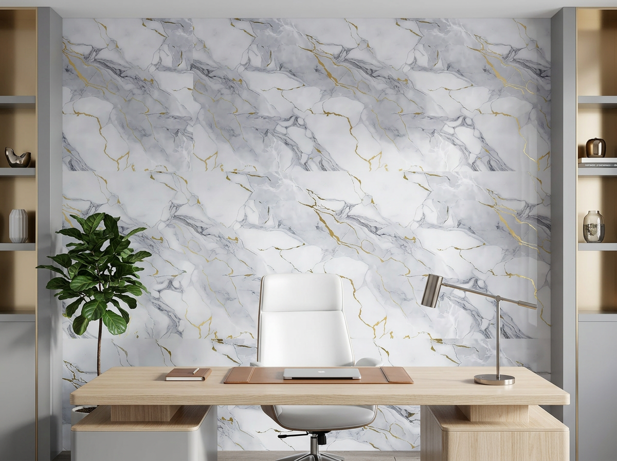 Panel tipo mármol Golden Pearl Gray instalado