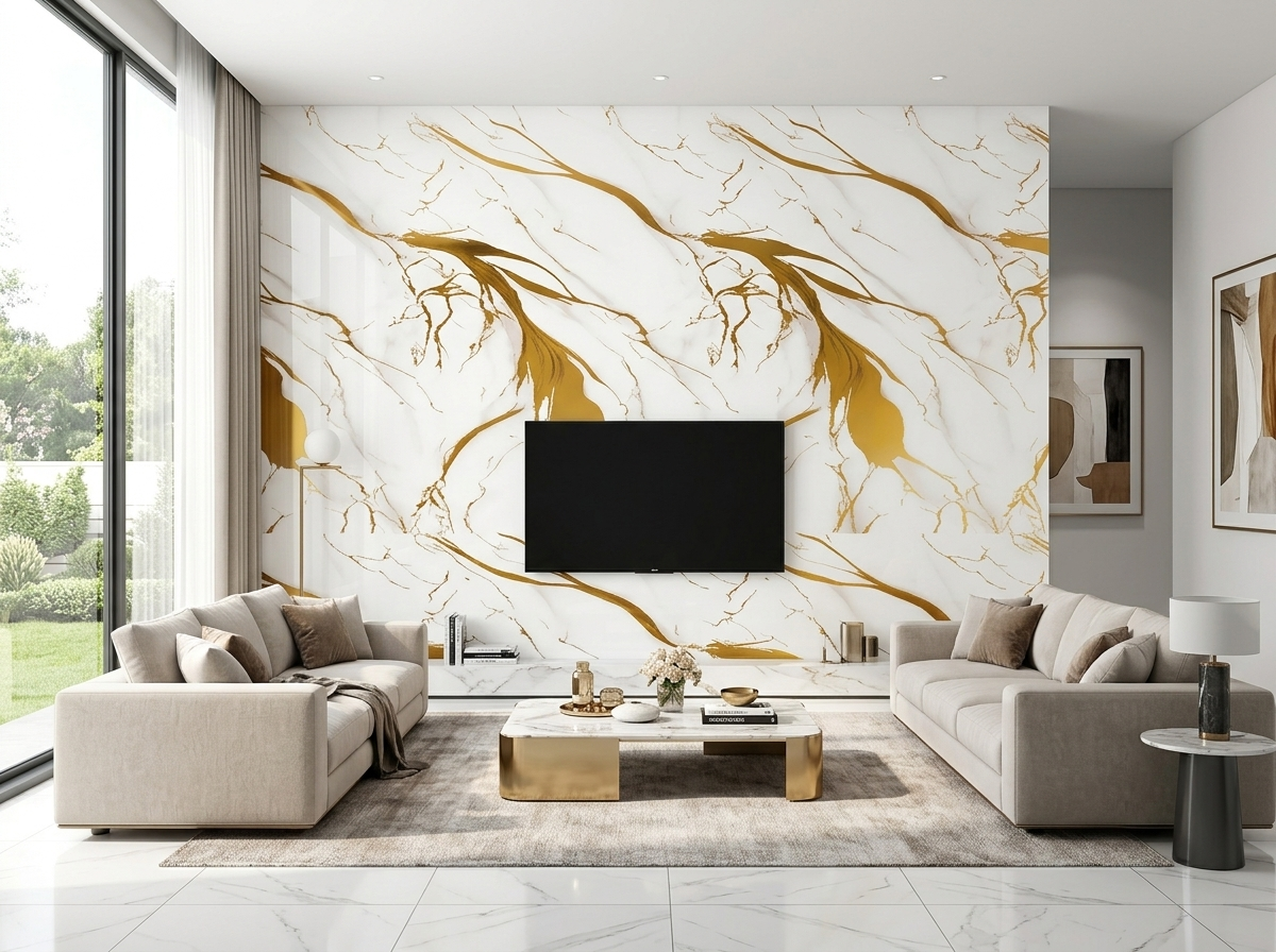 Panel tipo mármol Golden White instalado
