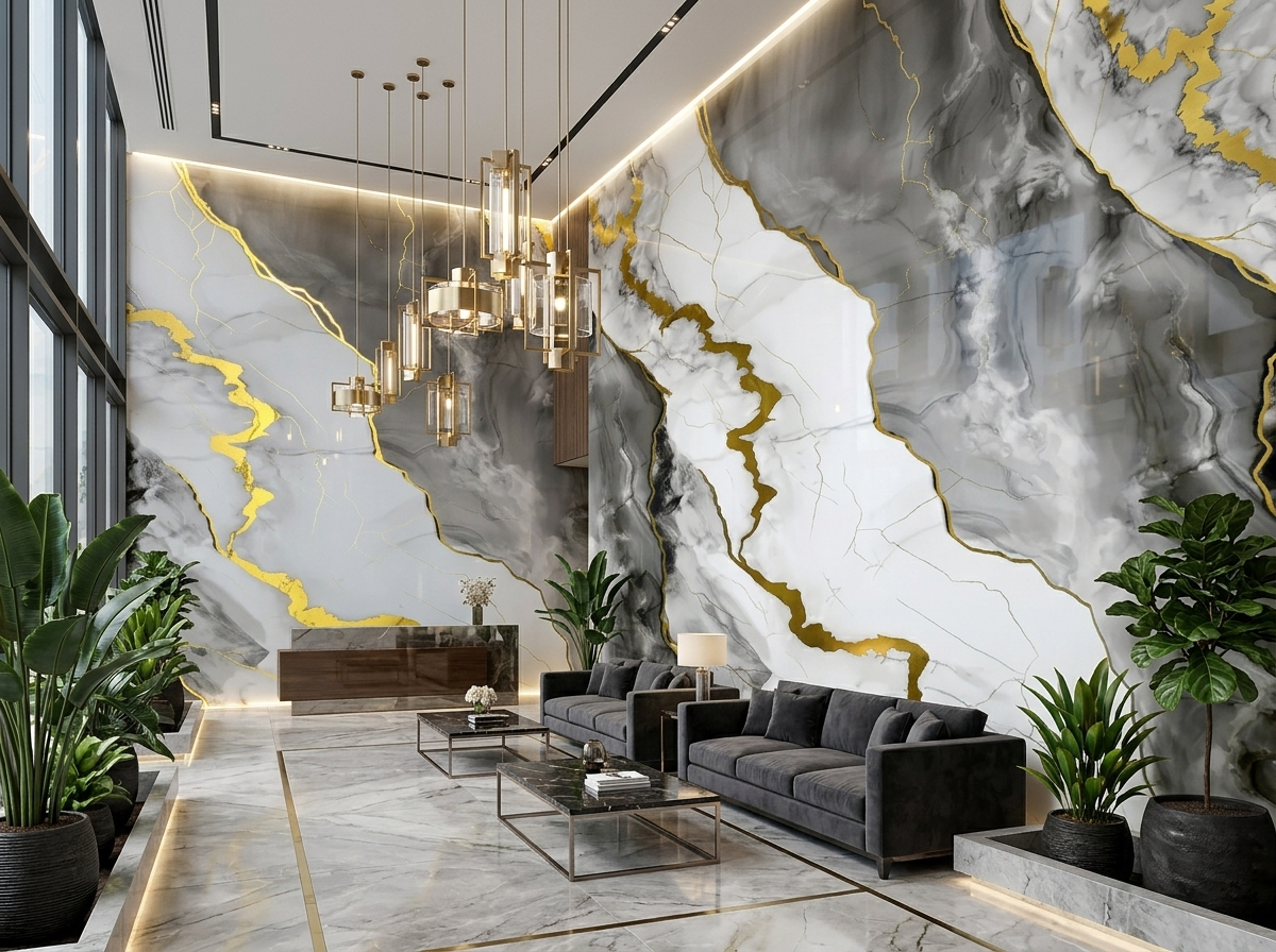 Panel tipo mármol Golden Dark Gray instalado — ejemplo de uso