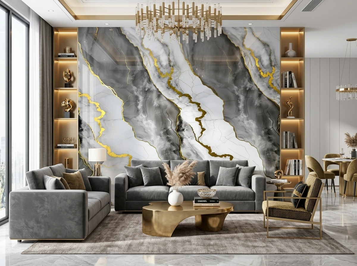 Panel tipo mármol Golden Dark Gray instalado — ejemplo de uso