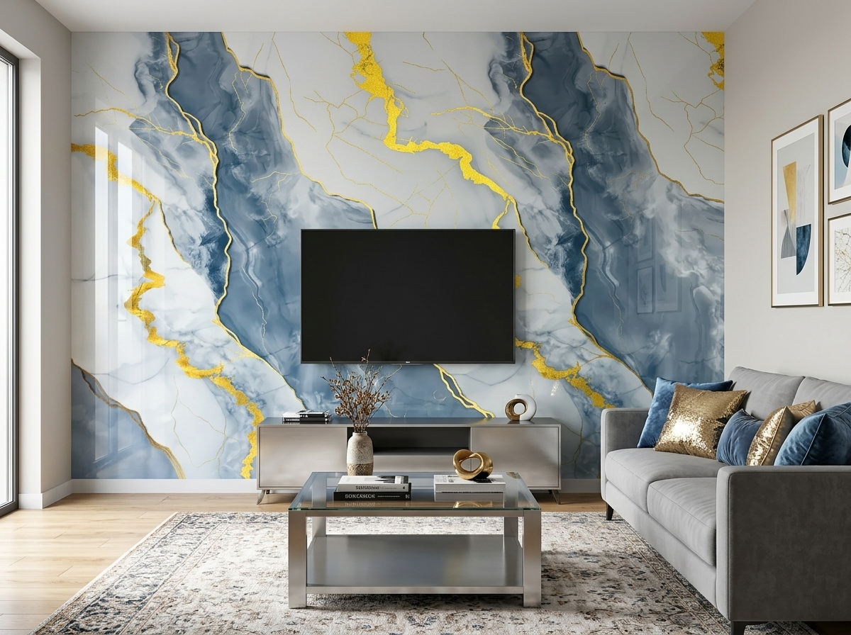 Panel tipo mármol Golden Blue instalado — ejemplo de uso