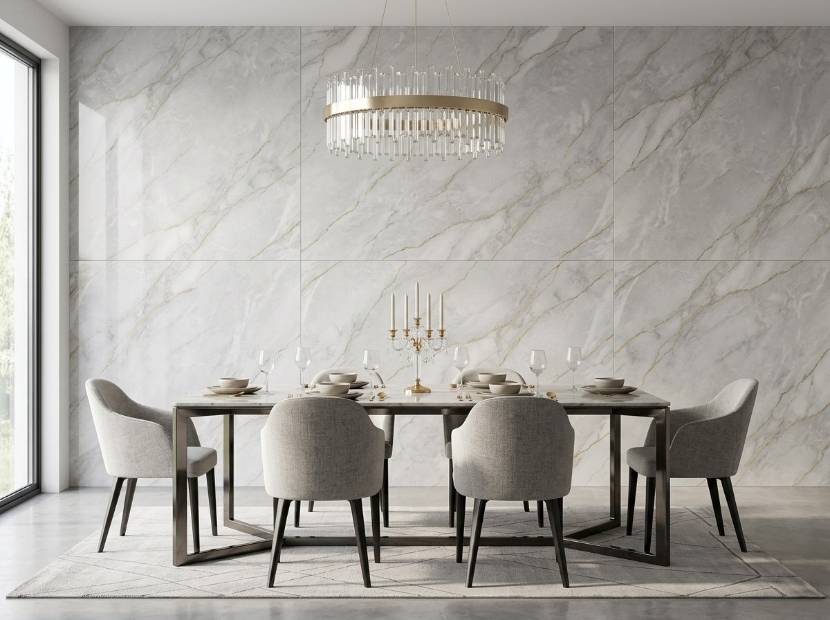Panel tipo mármol Golden Light Gray instalado — ejemplo de uso