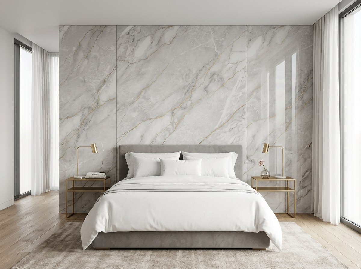 Panel tipo mármol Golden Light Gray instalado — ejemplo de uso
