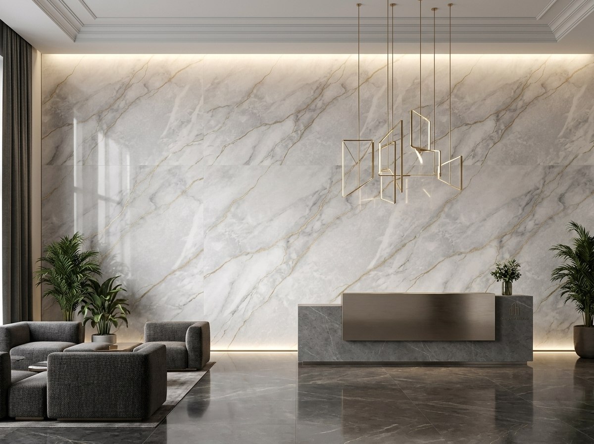 Panel tipo mármol Golden Light Gray instalado — ejemplo de uso