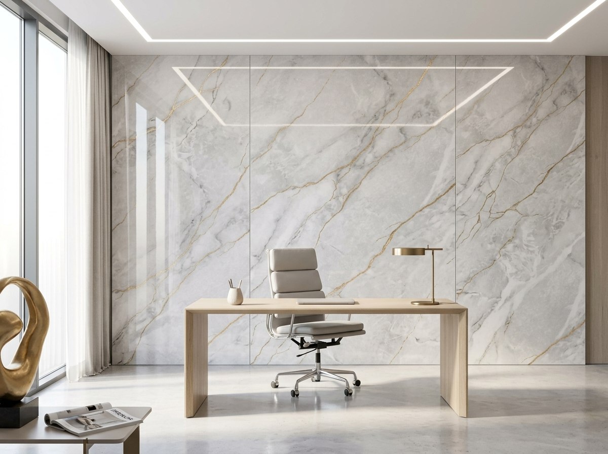 Panel tipo mármol Golden Light Gray instalado — ejemplo de uso