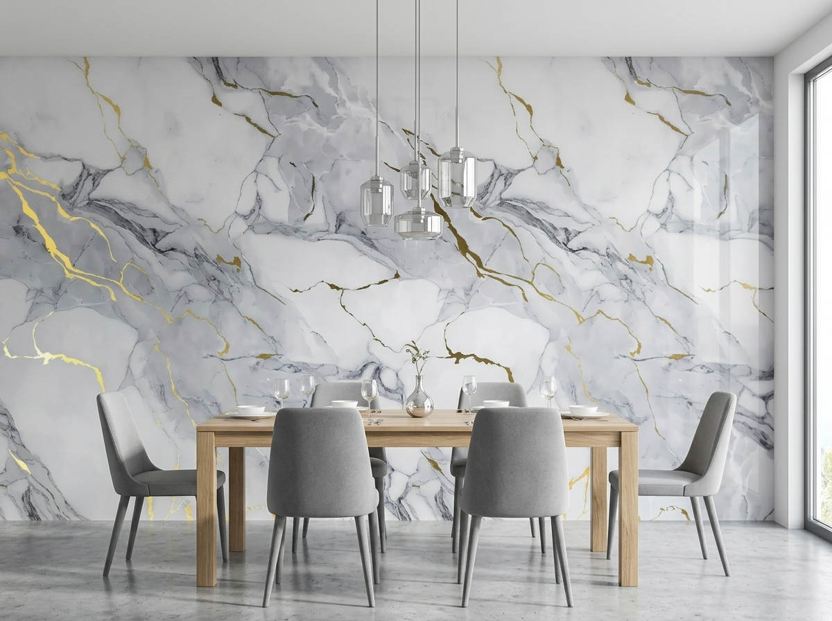 Panel tipo mármol Golden Pearl Gray instalado — ejemplo de uso