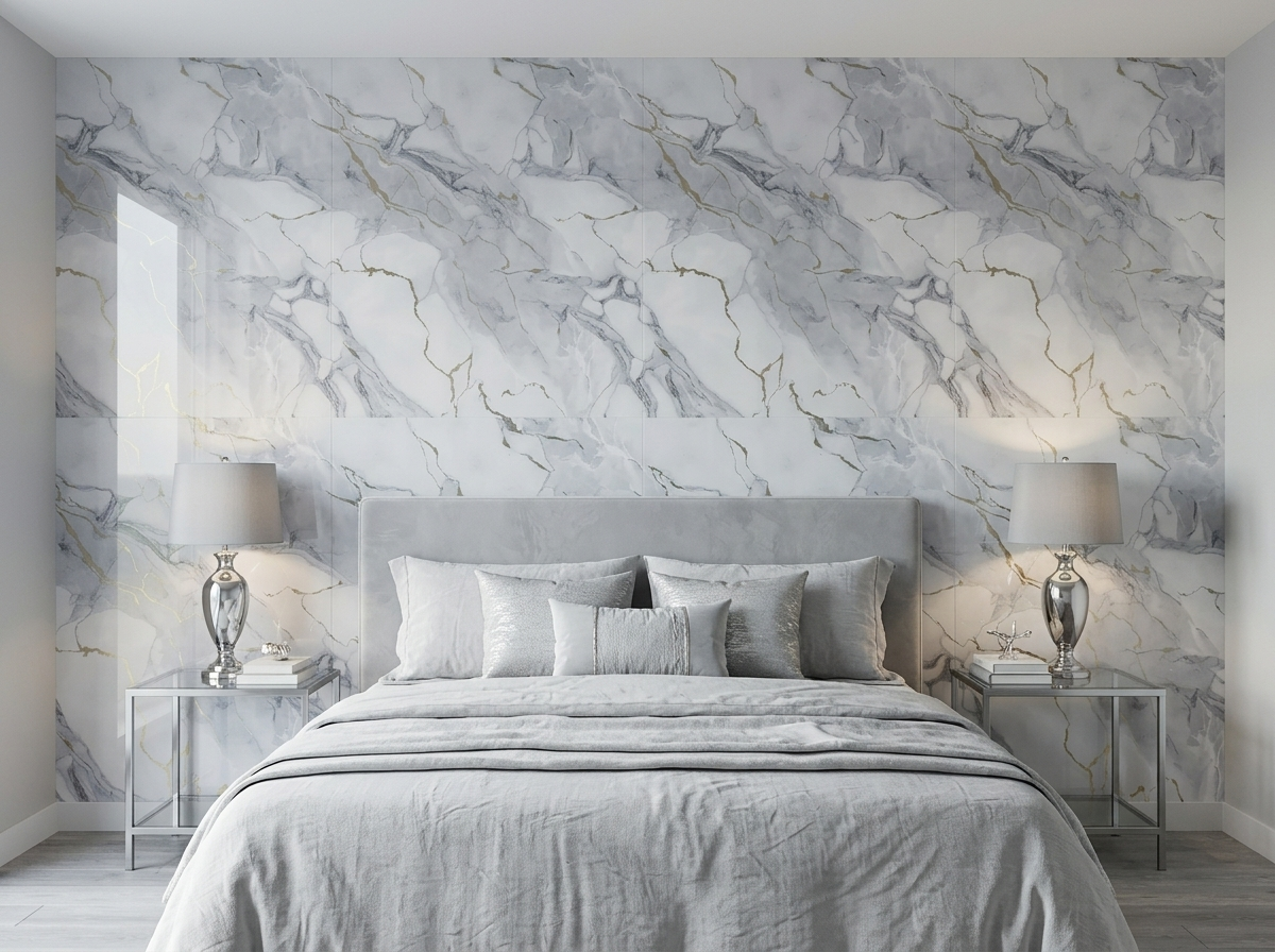 Panel tipo mármol Golden Pearl Gray instalado — ejemplo de uso
