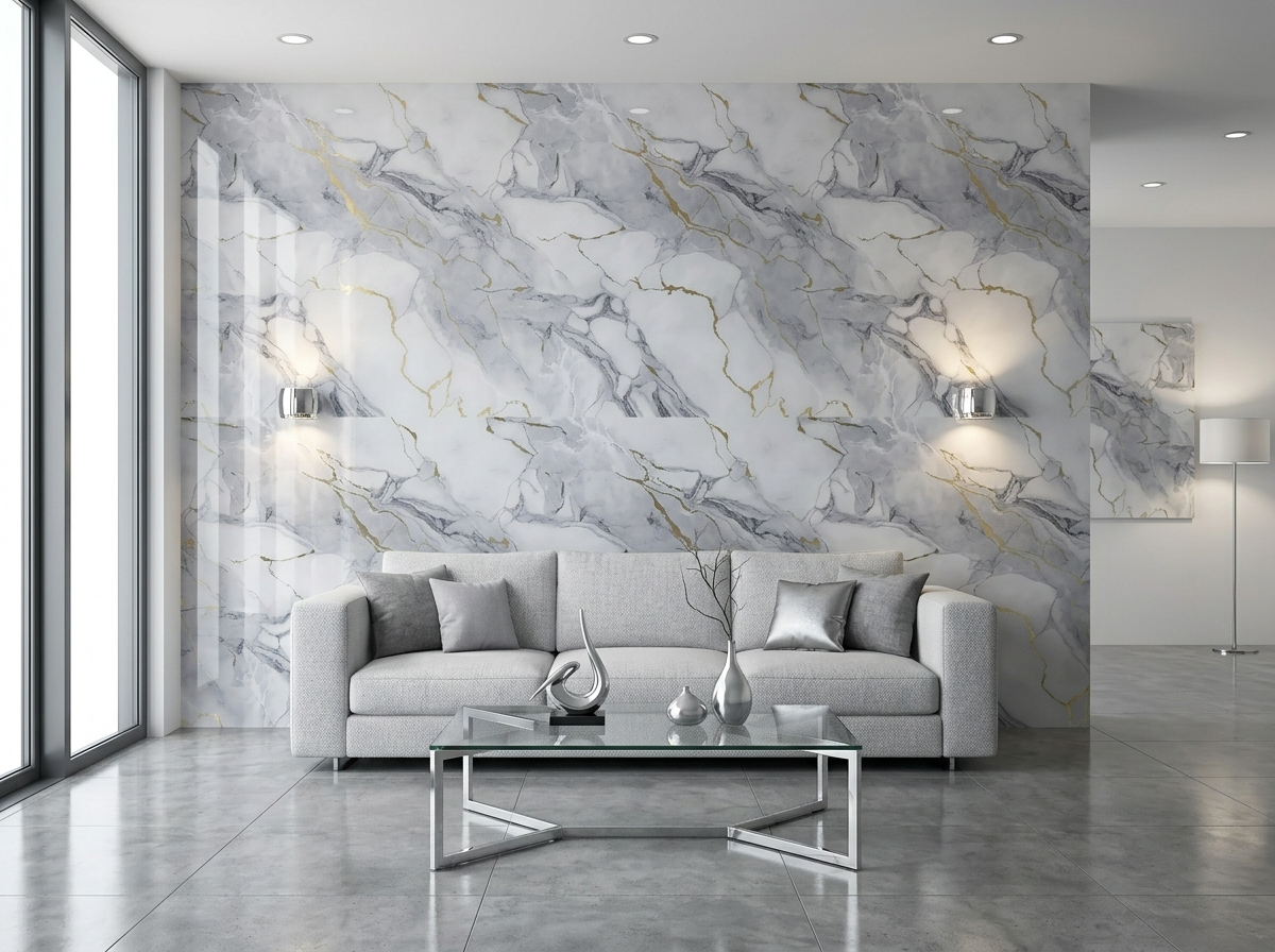 Panel tipo mármol Golden Pearl Gray instalado — ejemplo de uso
