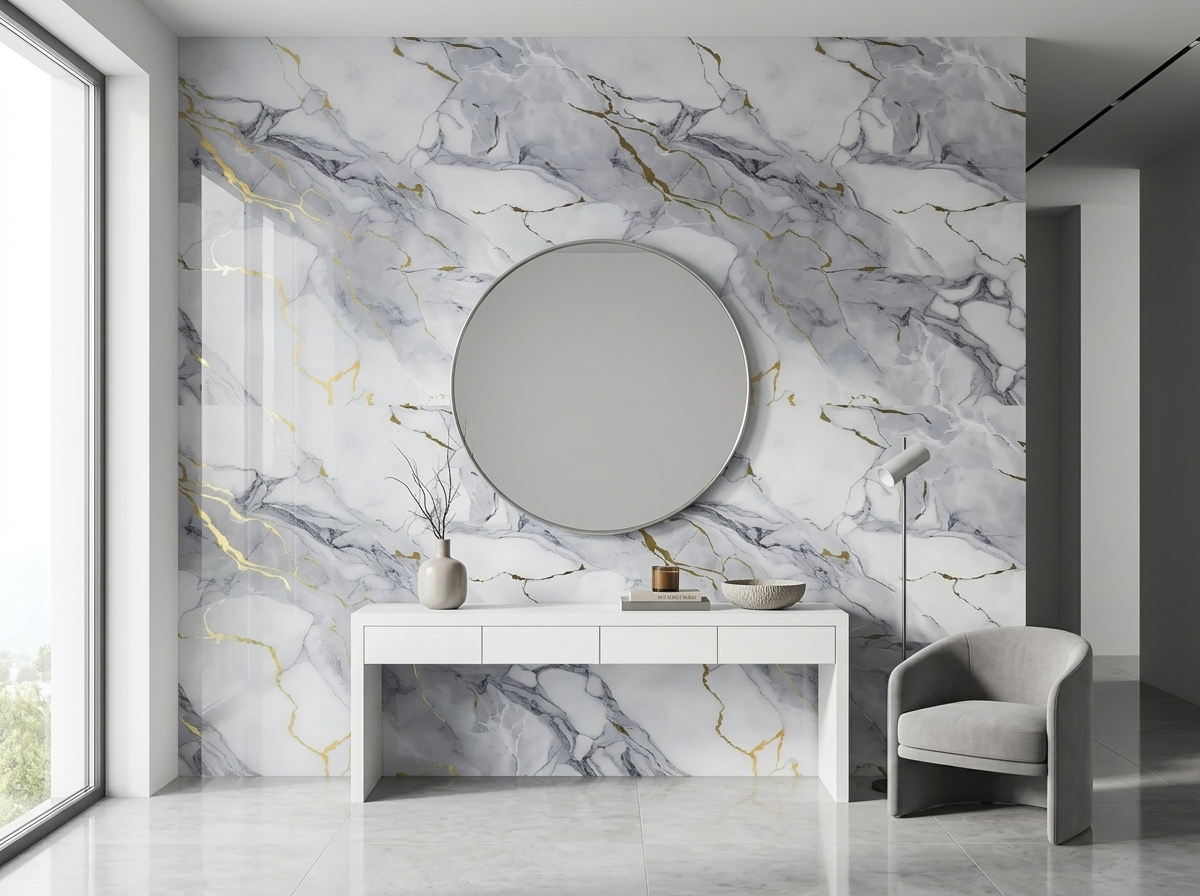 Panel tipo mármol Golden Pearl Gray instalado — ejemplo de uso