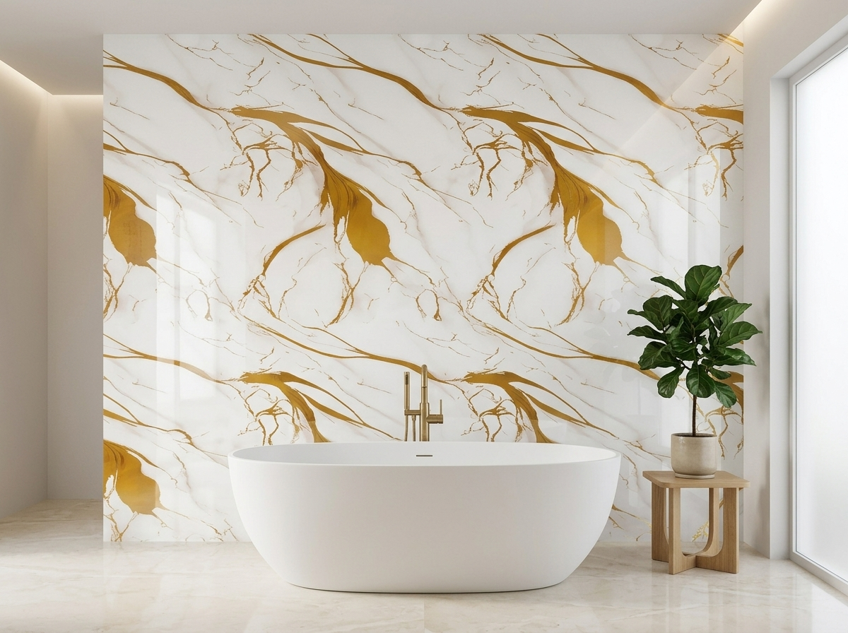 Panel tipo mármol Golden White instalado — ejemplo de uso