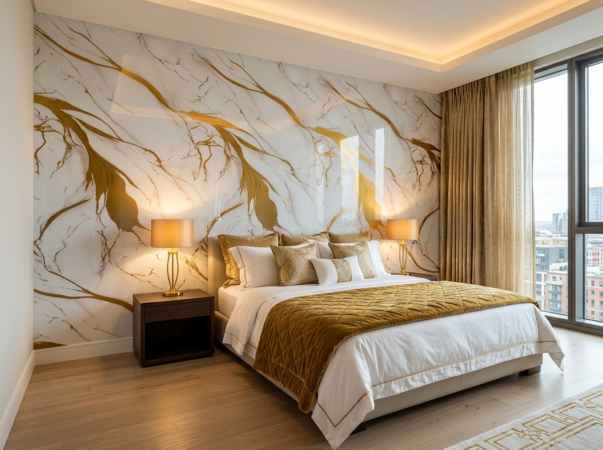 Panel tipo mármol Golden White instalado — ejemplo de uso