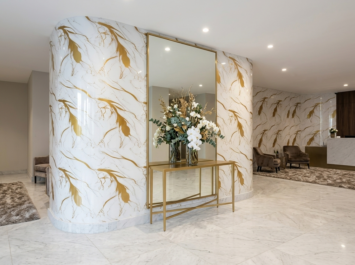Panel tipo mármol Golden White instalado — ejemplo de uso