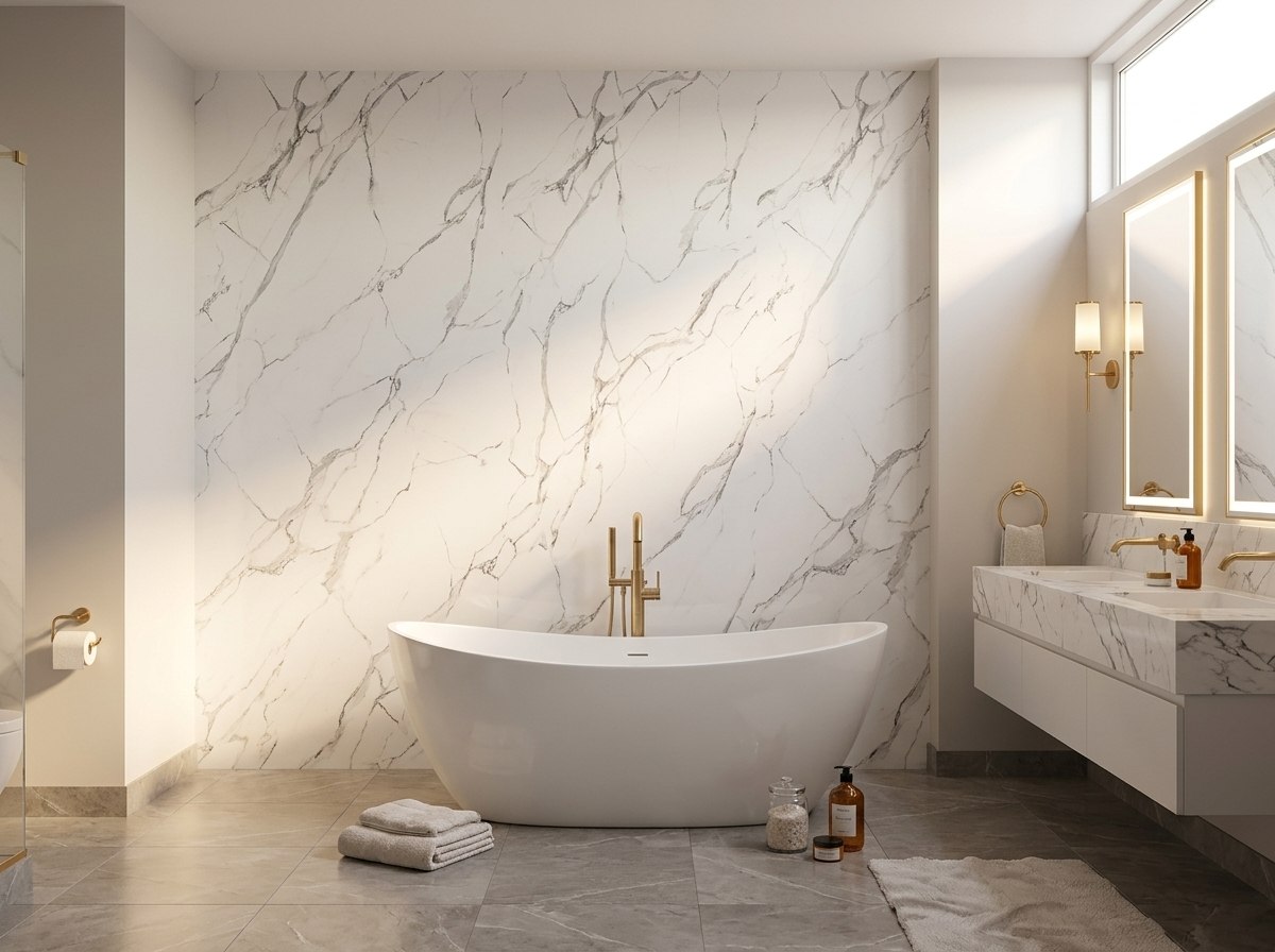 Panel tipo mármol White Marble instalado — ejemplo de uso