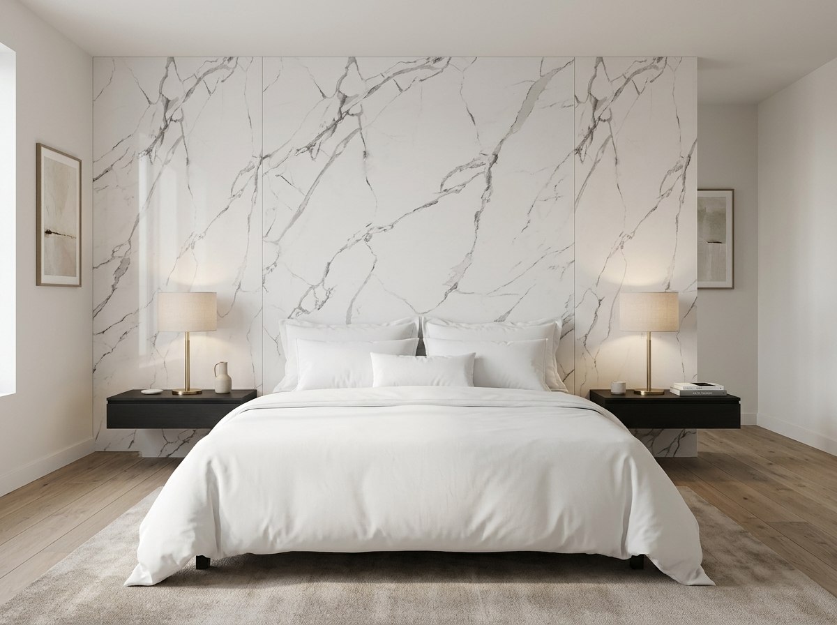 Panel tipo mármol White Marble instalado — ejemplo de uso