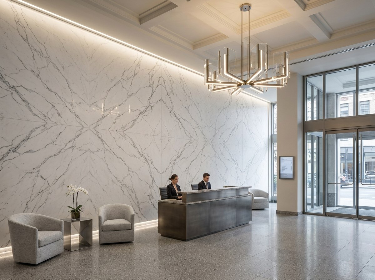 Panel tipo mármol White Marble instalado — ejemplo de uso