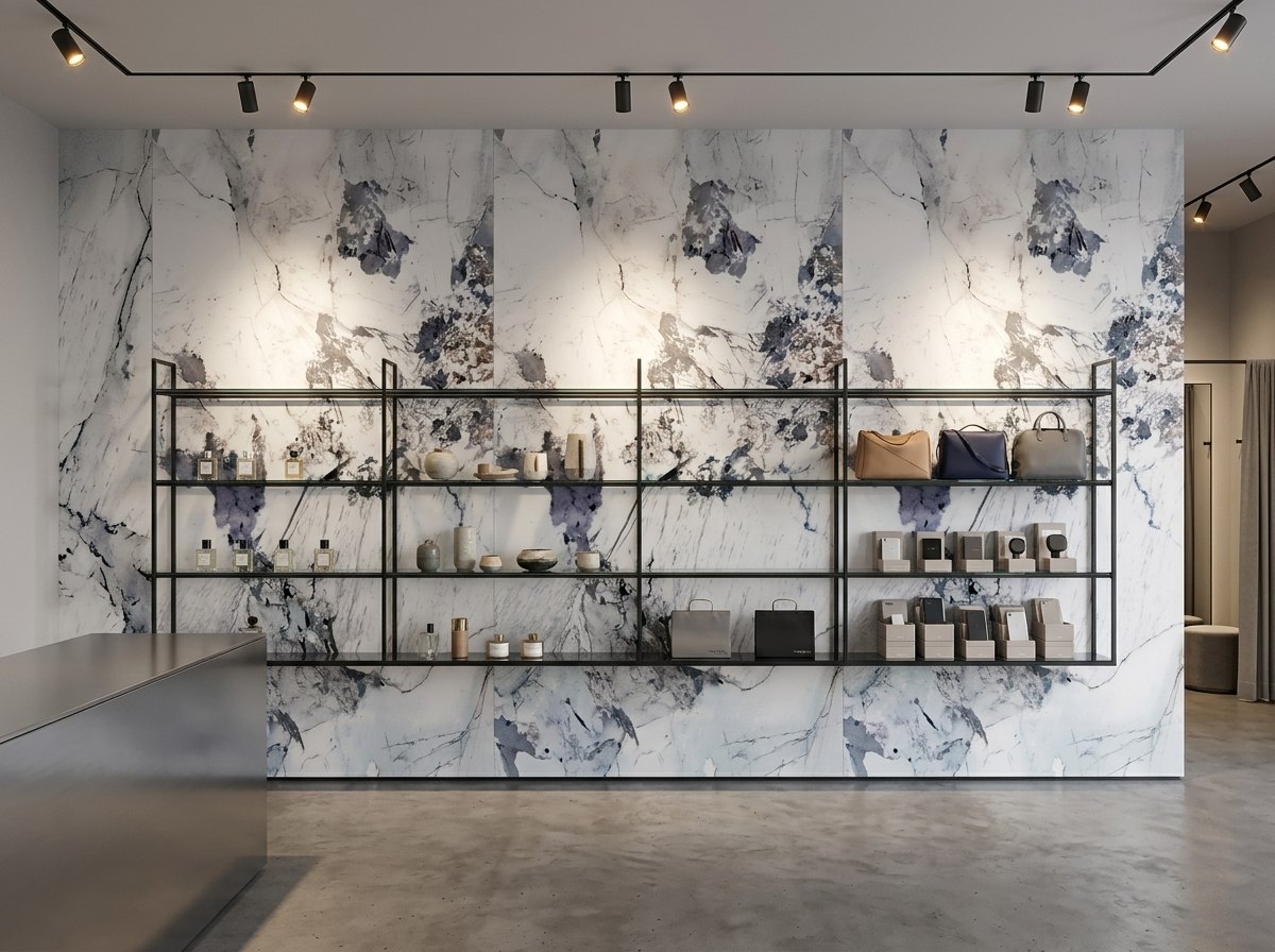 Panel tipo mármol Blue Gray instalado — ejemplo de uso