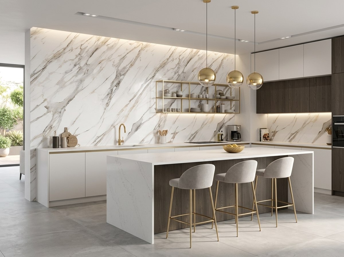 Panel tipo mármol White Grey instalado — ejemplo de uso