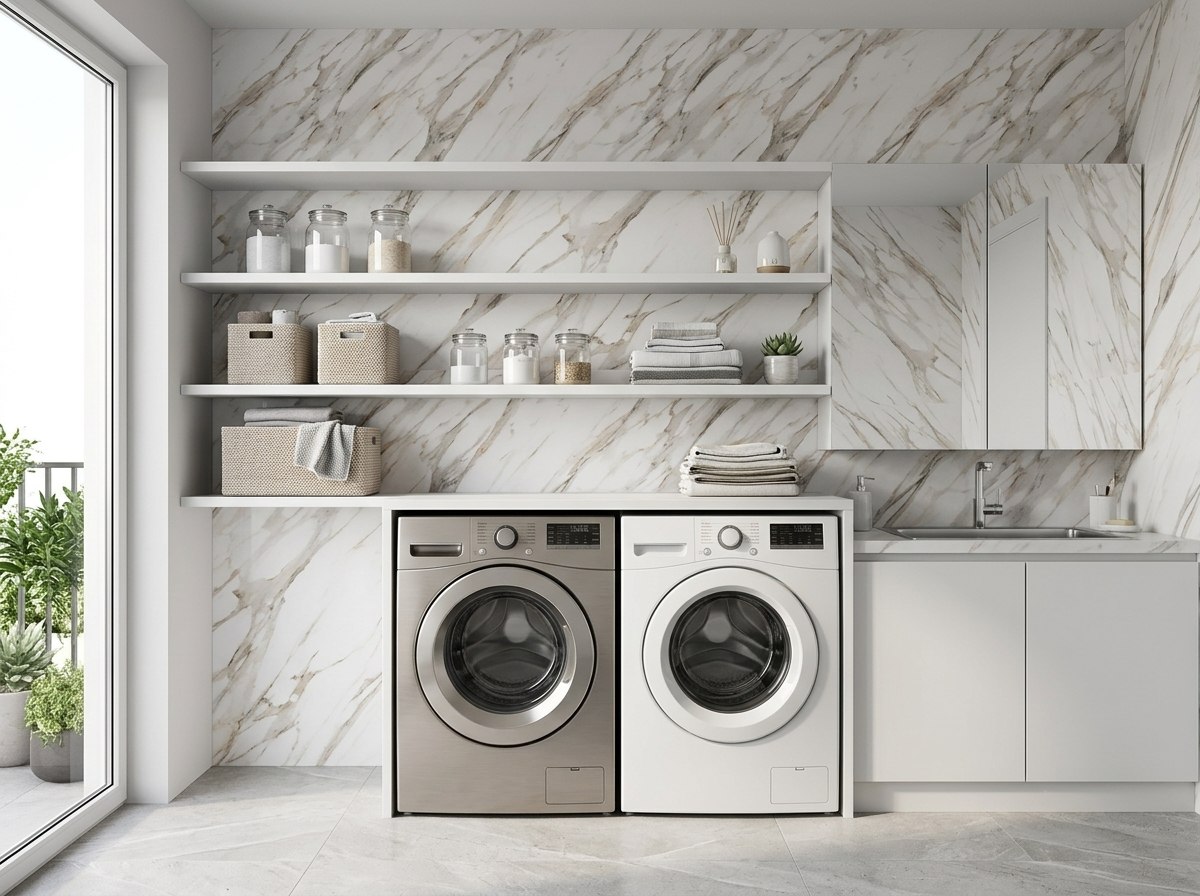 Panel tipo mármol White Grey instalado — ejemplo de uso