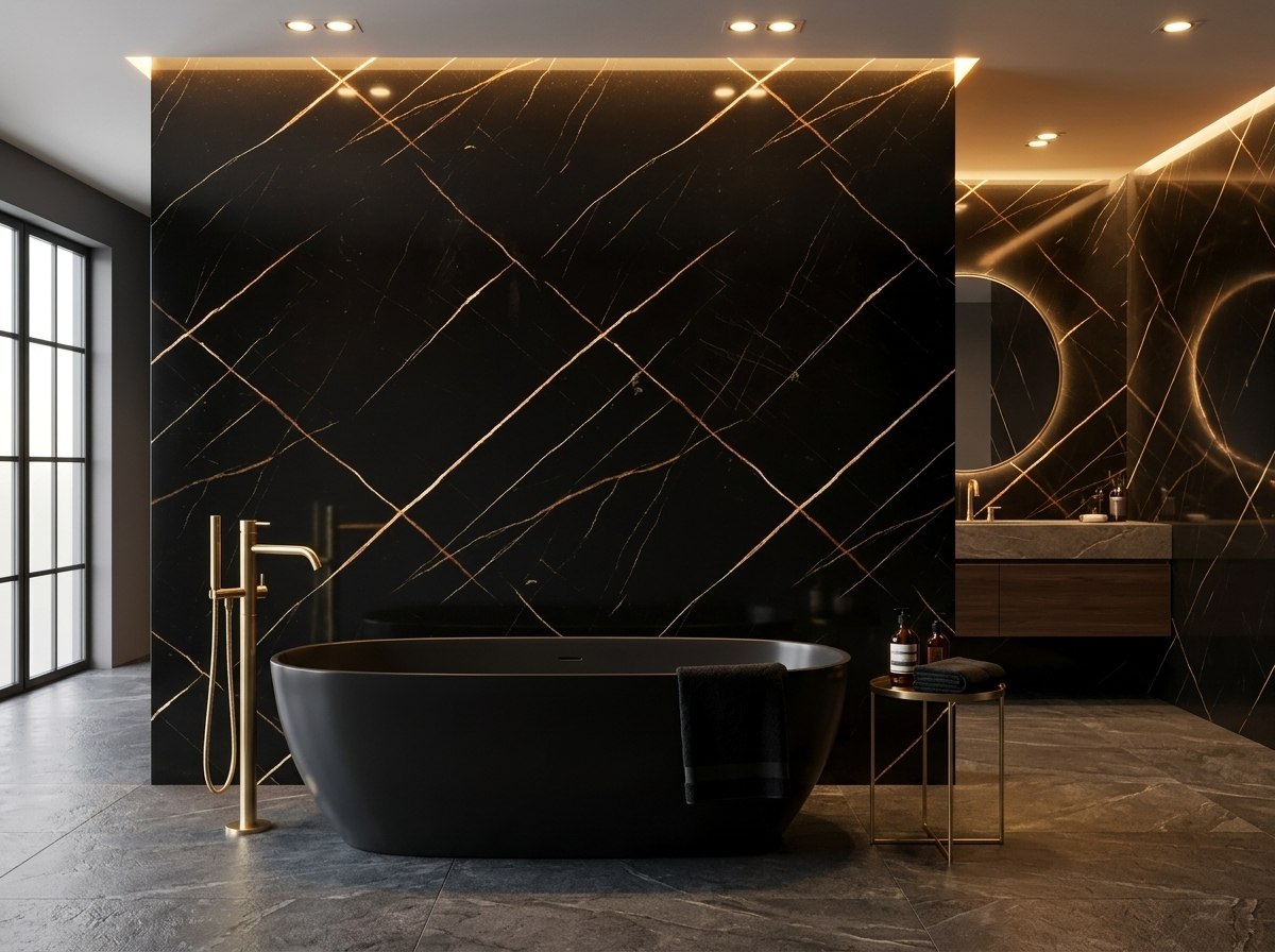 Panel tipo mármol Golden Black instalado — ejemplo de uso