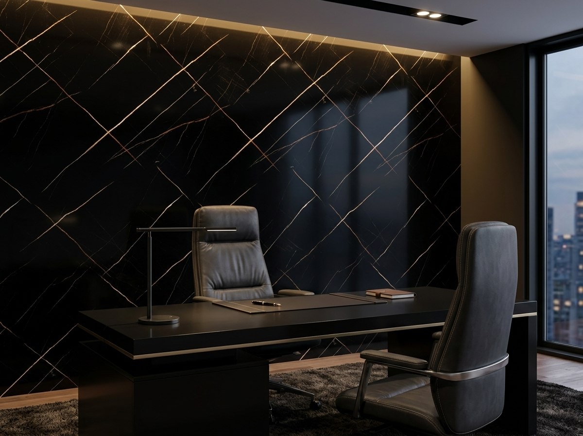 Panel tipo mármol Golden Black instalado — ejemplo de uso