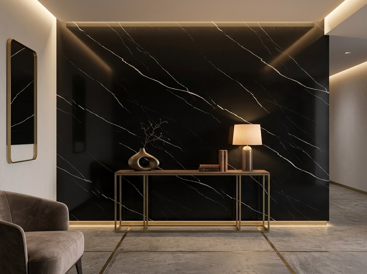 Panel tipo mármol Black instalado — ejemplo de uso