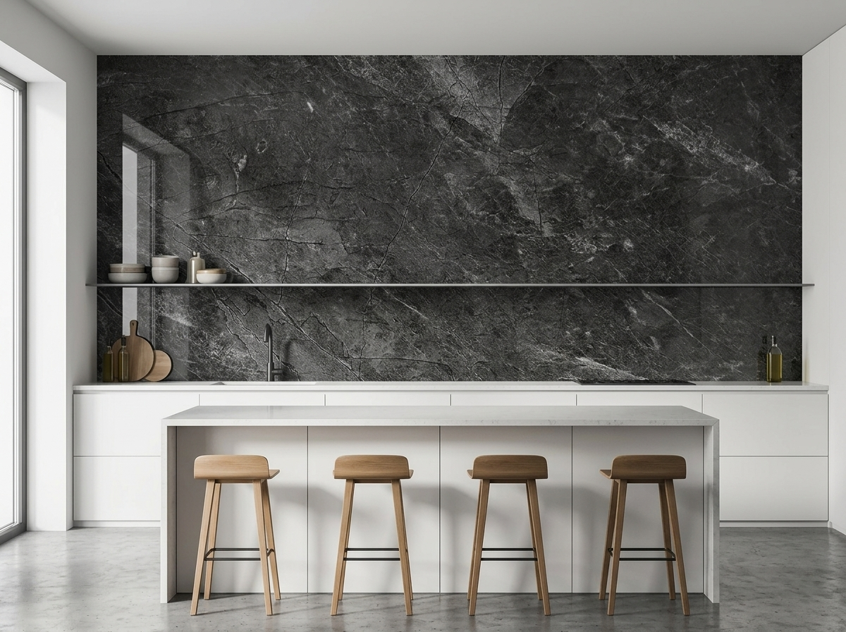 Panel tipo mármol Gray instalado — ejemplo de uso