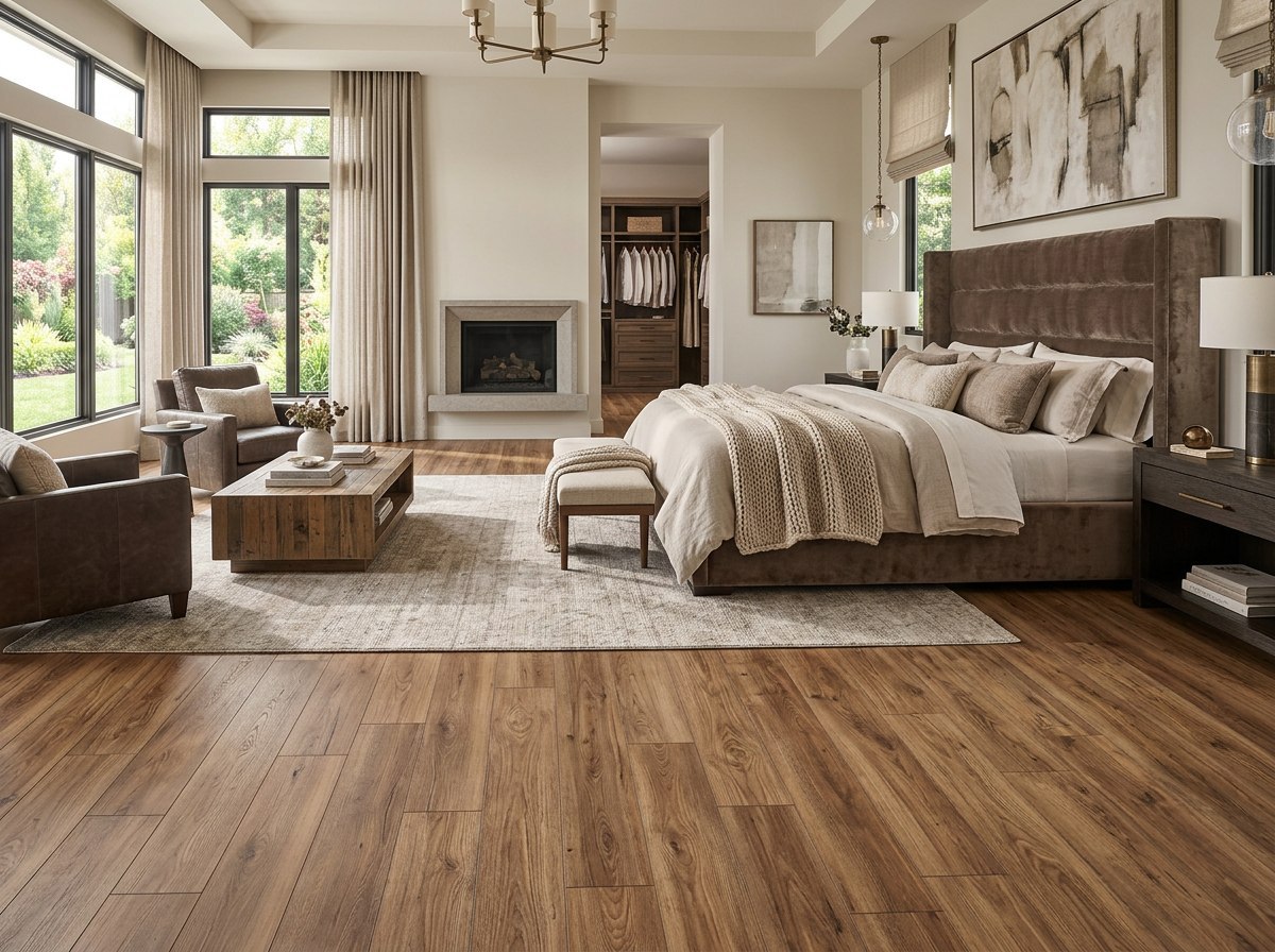 Piso SPC Walnut instalado — ejemplo de uso